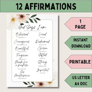 May include: A printable wall art piece with the text "12 Affirmations" at the top. The design includes floral accents and a list of affirmations such as "Blessed" and "Loved". The art is available as an instant download and is printable.