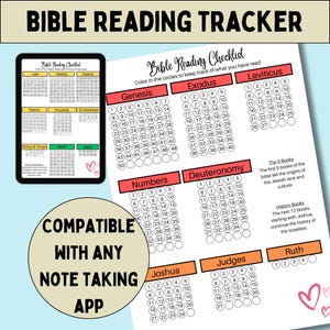May include: A Bible reading tracker with a checklist design. The tracker includes circles to colour in for each chapter read, with sections for Genesis, Exodus, Leviticus, Numbers, and Deuteronomy. The text "Compatible with any note taking app" is also included.