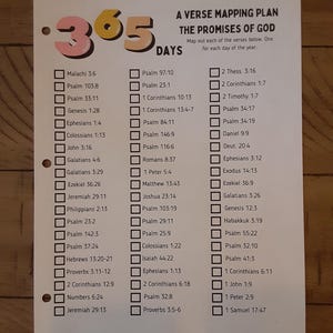 May include: A verse mapping plan titled "The Promises of God" with a checklist for 365 days. The plan includes a list of Bible verses to map out, with checkboxes next to each verse. The text is in black.