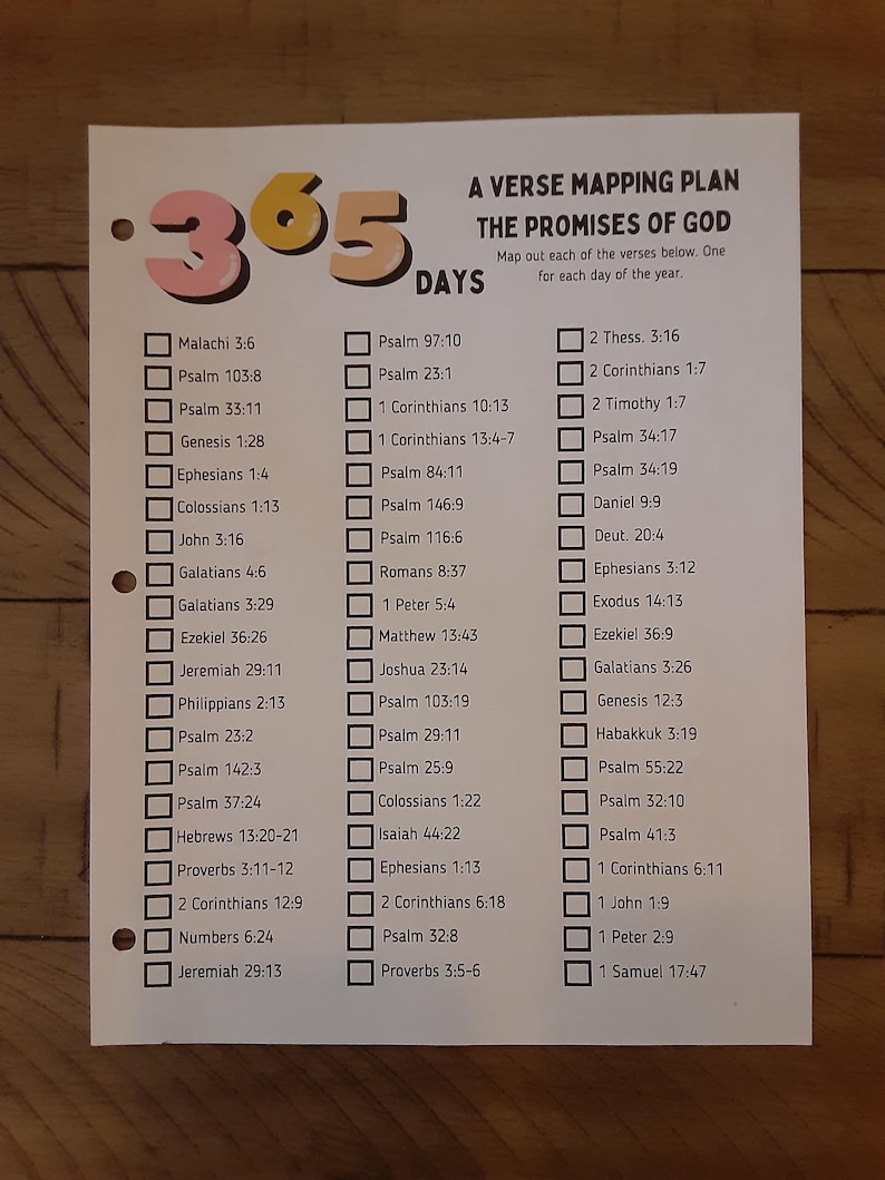 May include: A verse mapping plan titled "The Promises of God" with a checklist for 365 days. The plan includes a list of Bible verses to map out, with checkboxes next to each verse. The text is in black.