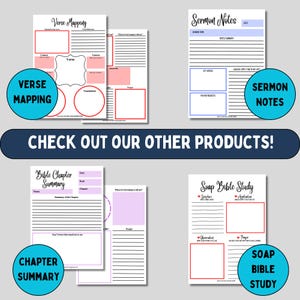 May include: Printable digital download of Bible study worksheets. The worksheets include sections for verse mapping, sermon notes, chapter summary, and SOAP Bible study.