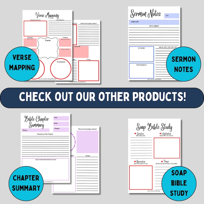 May include: Printable digital download of Bible study worksheets. The worksheets include sections for verse mapping, sermon notes, chapter summary, and SOAP Bible study.