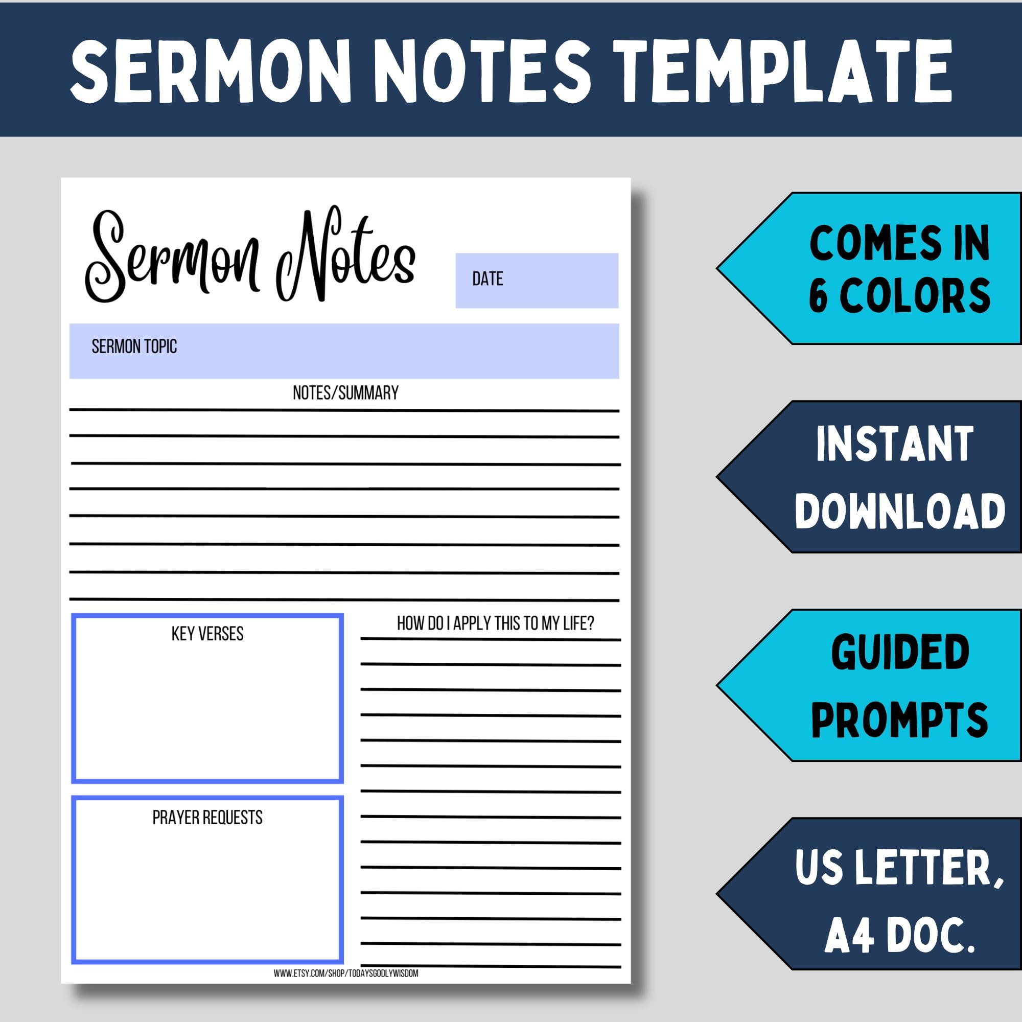 Printable sermon notes template for church service message notes for adults sunday sermon PDF journal inserts for bible study resources
