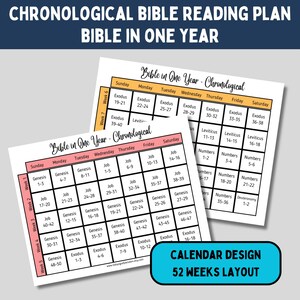 Könnte beinhalten: Ein druckbarer Bibel-Leseplan in chronologischer Reihenfolge. Der Plan ist so konzipiert, dass er in einem Jahr abgeschlossen werden kann und in 52 Wochen unterteilt ist. Jede Woche ist in sieben Tage unterteilt, wobei jedem Tag ein anderes Buch der Bibel zugeordnet ist. Der Plan ist auf weißem Hintergrund mit orangefarbenen, rosafarbenen und blauen Akzenten gedruckt.