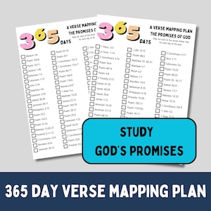 Puede incluir: Un plan de mapeo de versículos de 365 días con el texto "Estudia las promesas de Dios" sobre un fondo azul. El plan incluye listas de verificación para versículos bíblicos.