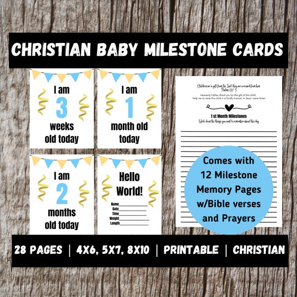 Baby monthly milestone cards boy Christian, pregnancy gift for new mom, printable newborn photography prop, baby shower gift for boy