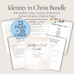 May include: A bundle of printed materials titled "Identity in Christ Bundle." The bundle includes affirmation cards, prayers, reflections, and a 30-day scripture study. The image shows several pages and cards, with a blue circle indicating 23 pages and 16 cards.