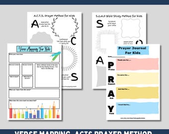 Kids bible study guide for youth prayer journal PDF for kids printable bible verse mapping for children ACTS prayer method template bundle