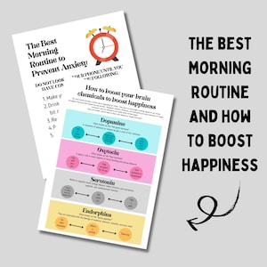 May include: A pink and blue infographic titled "How to boost your brain chemicals to boost happiness" with four sections: Dopamine, Oxytocin, Serotonin, and Endorphins. Each section has a description of the chemical and how to boost it. The infographic is on a white background.