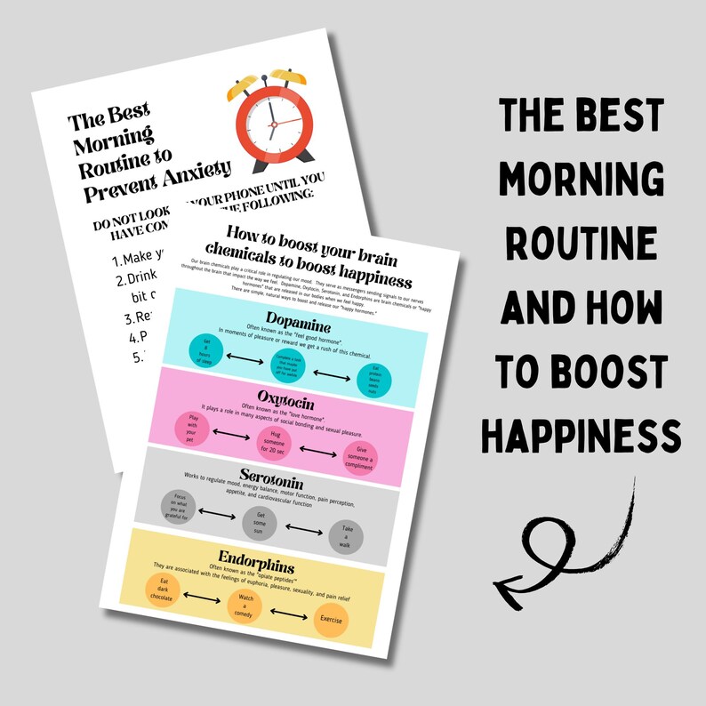 May include: A pink and blue infographic titled "How to boost your brain chemicals to boost happiness" with four sections: Dopamine, Oxytocin, Serotonin, and Endorphins. Each section has a description of the chemical and how to boost it. The infographic is on a white background.