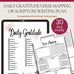 Plan de escritura bíblica sobre la gratitud para el estudio de la Biblia Plantilla imprimible para diario cristiano Guía de estudio de versículos Hoja de trabajo Reflexión sobre la fe