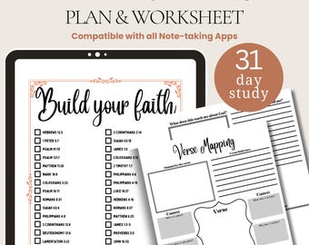 May include: Digital faith verse mapping plan and worksheet. The image shows a tablet with a worksheet that says "Build your faith" and a 31-day study guide. The worksheet includes spaces for notes and verse mapping.