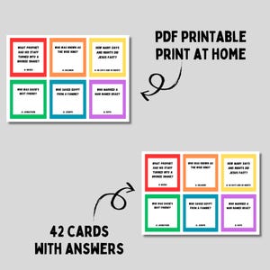 Peut inclure: Cartes de jeu de questions-r&eacute;ponses sur la Bible imprimables avec des bordures color&eacute;es et des questions sur la Bible. Les cartes sont &eacute;tiquet&eacute;es avec le texte "42 cartes avec r&eacute;ponses" et "PDF imprimable &agrave; imprimer &agrave; la maison".