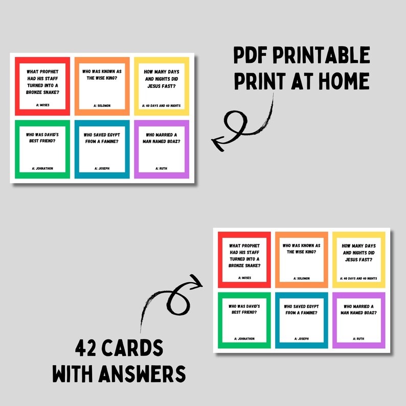 Peut inclure: Cartes de jeu de questions-r&eacute;ponses sur la Bible imprimables avec des bordures color&eacute;es et des questions sur la Bible. Les cartes sont &eacute;tiquet&eacute;es avec le texte "42 cartes avec r&eacute;ponses" et "PDF imprimable &agrave; imprimer &agrave; la maison".