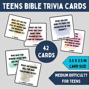 Tarjetas imprimibles de trivia bíblica para adolescentes para actividades de la iglesia, juegos de trivia bíblica para maestros de escuela dominical, actividades bíblicas para la iglesia infantil