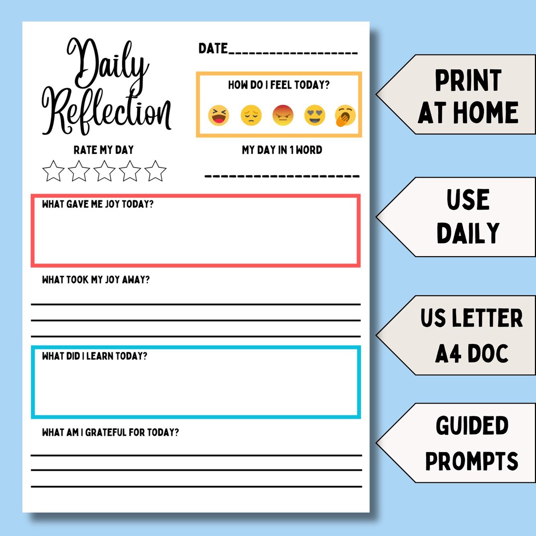 Printable Reflection Journal Template Digital Wellness Planner Self ...