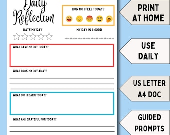 Printable Reflection Journal Template Digital Wellness Planner Self Care Mindfulness Practice Guided Daily Prompt Gratitude Writing Morning
