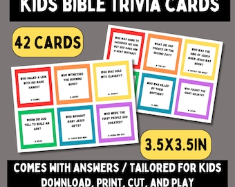 Kids Bible Trivia Cards, bible trivia games, sunday school activities, bible games for kids, church games, bible trivia questions