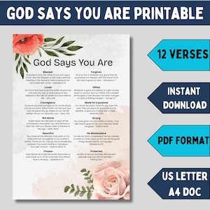 Who God says you are bible verse affirmation printable my identity in Christ scripture list for Christian war room printables