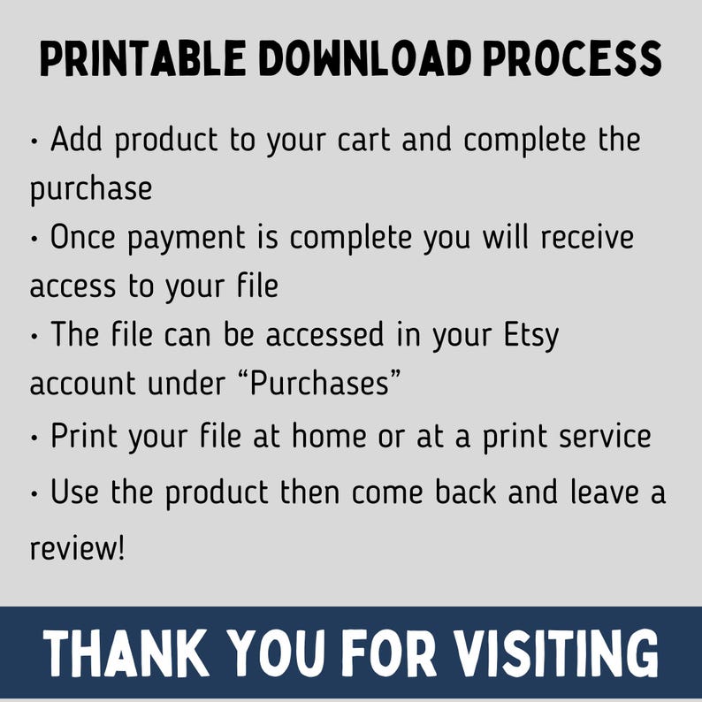Peut inclure: Instructions pour le t&eacute;l&eacute;chargement d'un fichier imprimable. Ajoutez le produit &agrave; votre panier, terminez l'achat, acc&eacute;dez au fichier dans votre compte Etsy sous "Achats", imprimez chez vous ou dans un service d'impression, et laissez un avis. Merci de votre visite.