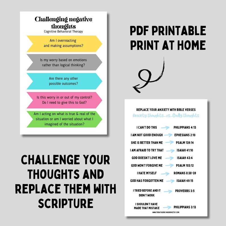 May include: Printable PDF worksheet with a light blue, pink, yellow, and gray color scheme. The worksheet is titled "Challenging Negative Thoughts" and includes a list of questions to help challenge negative thoughts. The second page of the worksheet is titled "Replace Your Anxiety With Bible Verses" and includes a list of common anxiety thoughts and corresponding Bible verses.