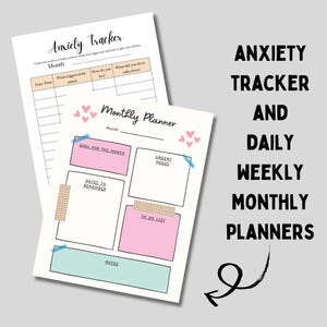May include: Printable anxiety tracker and planner pages with pink and blue accents. The pages include sections for tracking anxiety triggers, monthly goals, urgent needs, and to-do lists.
