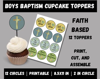 Boys baptism cupcake toppers, printable cupcake toppers, boy christening decorations, dedication, boys first communion cupcake toppers