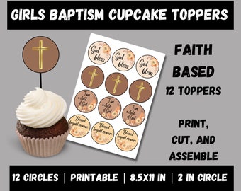 Girls baptism cupcake toppers, printable cupcake toppers, first communion, christening decorations, dedication, religious party decoration