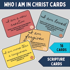 Tarjetas de las Escrituras sobre quién soy en Cristo, tarjetas de afirmación cristiana con versículos bíblicos alentadores, tarjetas de memoria de las Escrituras para imprimir