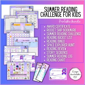 May include: A printable bundle of 10 summer reading activities for kids, featuring a rocket ship theme. The bundle includes a reading log, bingo card, certificate, bookmark, and more. The text "SUMMER READING CHALLENGE FOR KIDS" is displayed in a pink and purple gradient.