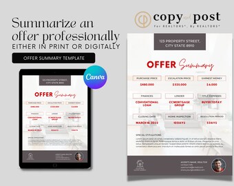 Offer Summary | Canva Template | Real Estate Marketing | Real Estate Tools | Realtor | Digital Download