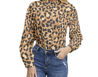 Yellow Leopard Pattern Motif - Long Sleeve Button Up Casual Shirt Top