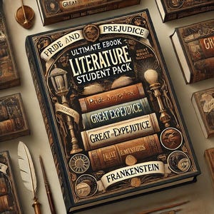 Könnte beinhalten: Ein schwarzer Buchumschlag mit goldenen Lettern, auf dem "Pride and Prejudice Ultimate Ebook Literature Student Pack" steht. Der Umschlag zeigt eine Illustration eines Stapels Bücher mit Titeln wie "Pride and Prejudice", "Great Expectations" und "Frankenstein".