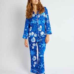 Dephelle Silky Satin Women&#39;s Printed Pyjama Set Underwater Tango /Women&#39;s Nightwear/ Ladies Pajama/Women&#39;s Botton up PJ/Women&#39;s Loungewear