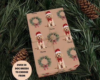 May include: Tan wrapping paper with a repeating pattern of a dog wearing a Santa hat and a red bow tie, along with green wreaths and red bows. The text "OVER 50 DOG BREEDS TO CHOOSE FROM" is also visible.