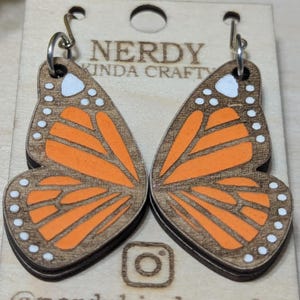 Monarch Butterfly Dangles, Lightweight Accessory, Hypoallergenic Earrings, Sterling Silver, Laser Cut Wood, Engraved Jewelry