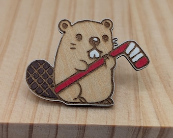 Hand-Painted Wooden Beaver Pin | Canadian Animal Lapel Brooch