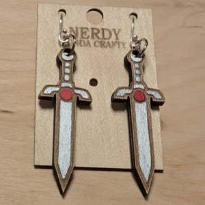 Long Sword Dangles, Accessory, Lightweight Earrings, Hypoallergenic Jewelry, Sterling Silver Hooks, Laser Cut Wood