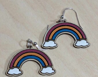 Rainbow over Clouds Dangles - Stirling Silver - Wood - Gift for Her -