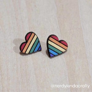 Pride Heart Studs, Lightweight Accessory, Hypoallergenic Earrings, Sterling Silver, Laser Cut Wood, Engraved Gift