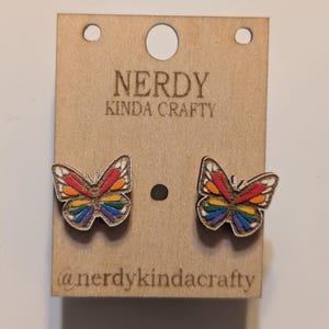 Pride Butterfly Studs, Lightweight Accessory, Hypoallergenic Earrings, Sterling Silver, Laser Cut Wood, Engraved Gift