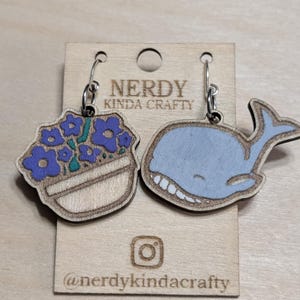 Whale and Petunia Dangles, Lightweight Earrings, Hypoallergenic Accessory, Sterling Silver Hooks, Wood Jewelry