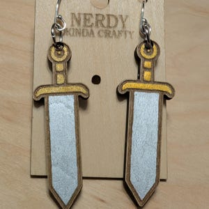 Broad Sword Dangles, Accessory, Lightweight Earrings, Hypoallergenic Jewelry, Sterling Silver Hooks, Laser Cut Wood