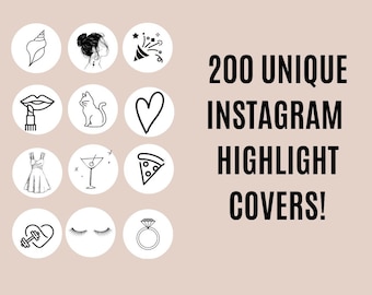 Może przedstawiać: Zestaw 12 czarno-białych okładek wyróżnień na Instagramie z różnymi ikonami, takimi jak muszla, twarz kobiety, wyrzutnia konfetti, usta z szminką, kot, serce, sukienka, kieliszek martini, kawałek pizzy, serce z hantlem, rzęsy i pierścionek. Tekst "200 UNIQUE INSTAGRAM HIGHLIGHT COVERS!" jest wyświetlany po prawej stronie obrazu.