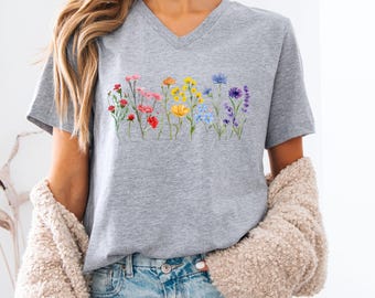 Pride Wildflowers V-Neck Shirt, Subtle Pride Shirt, Gay Pride V-Neck Tee, Subtle LGBTQIA+ Pride, Pride Rainbow Flowers Shirt, Pride T Shirt