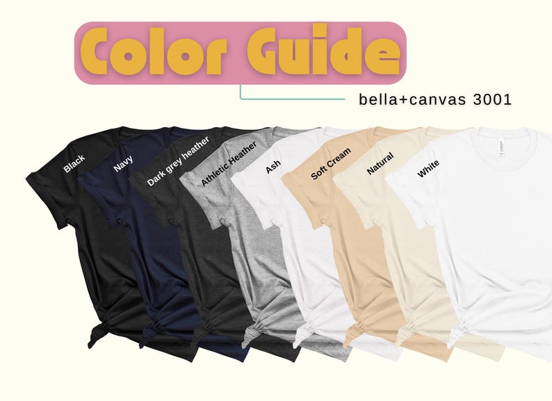 May include: A color guide for bella+canvas 3001 t-shirts. The guide shows the different colors available, including black, navy, dark grey heather, athletic heather, ash, soft cream, natural, and white.