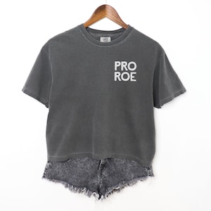 Puede incluir: Una camiseta gris oscuro recortada con el texto "PRO ROE" impreso en blanco en la parte delantera.