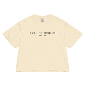 Op de afbeelding: Cr&egrave;mekleurig T-shirt met de zwarte tekst "GULF OF MEXICO" en "EST. 1569". Het shirt heeft een relaxte pasvorm en korte mouwen. De stof lijkt zacht en comfortabel.