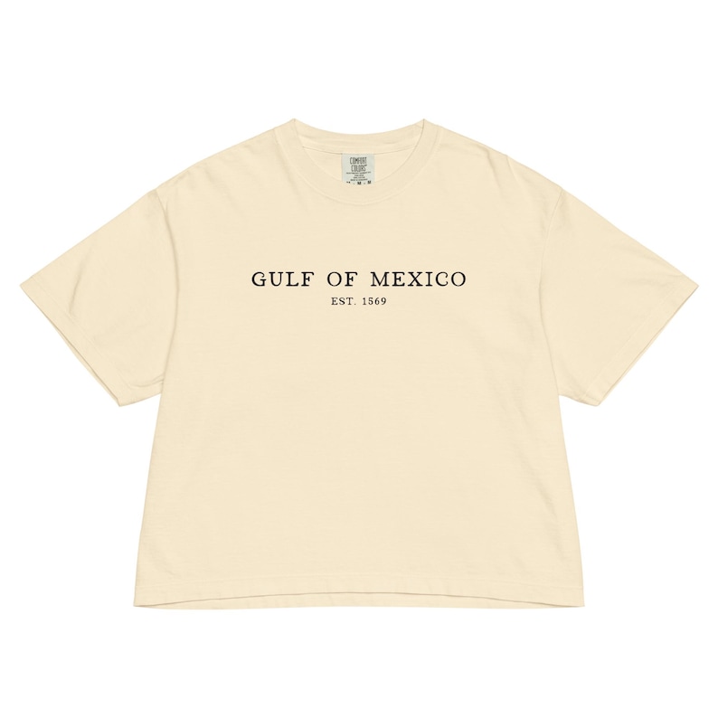 Op de afbeelding: Cr&egrave;mekleurig T-shirt met de zwarte tekst "GULF OF MEXICO" en "EST. 1569". Het shirt heeft een relaxte pasvorm en korte mouwen. De stof lijkt zacht en comfortabel.
