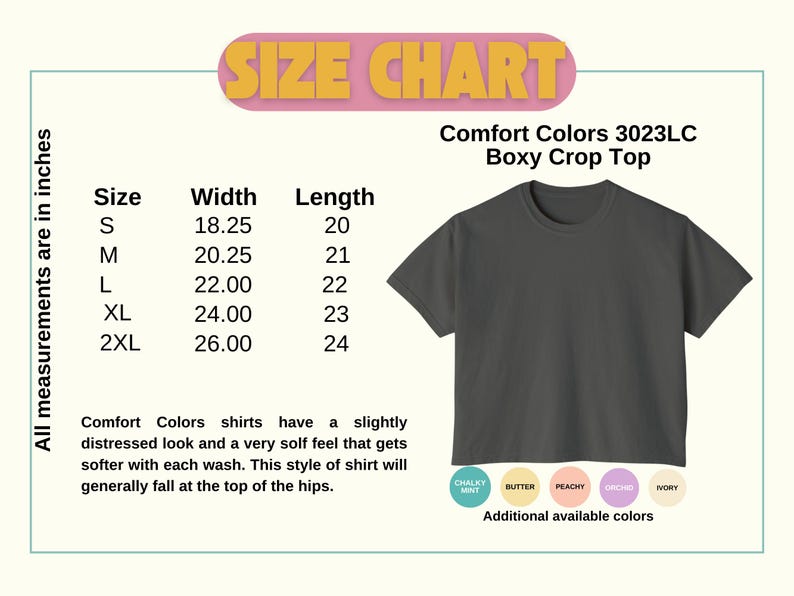 Op de afbeelding: Maattabel voor een Comfort Colors 3023LC Boxy Crop Top. Afmetingen in inches. De tabel bevat maten S tot 2XL, met een breedte vari&euml;rend van 46,35 tot 66,04 cm en een lengte van 50,8 tot 60,96 cm. Extra kleuren beschikbaar.